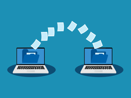 Transfer files, Send documents between laptops, Backup on, Exchange files on folders, Send documents over the Internetのイラスト素材
