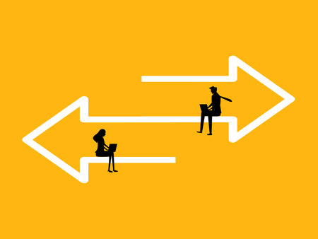 Exchange and communication, opposite decisions. two Businessman on arrow transferring dataのイラスト素材