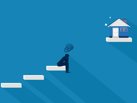 Real Estate Problems .Businessman Sad About the Gap Between Stairs and Top of Housesのイラスト素材