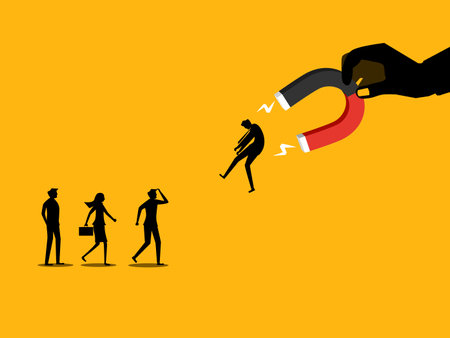 Inspiration, Recruitment. hand holding a magnet attracts people from the crowdのイラスト素材
