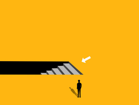 Businessman looking at stairs leading down to basement. Crisis concept, Shelter vectorのイラスト素材