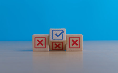 Check and Cross Should or Should Not, Check and Cross Icon on Wooden Blockの写真素材