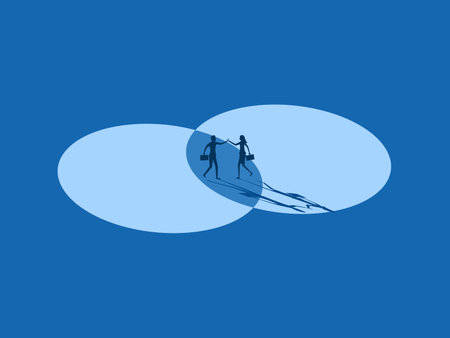 Merger, Businessmen shaking hands making deals on intersect circle spaceのイラスト素材