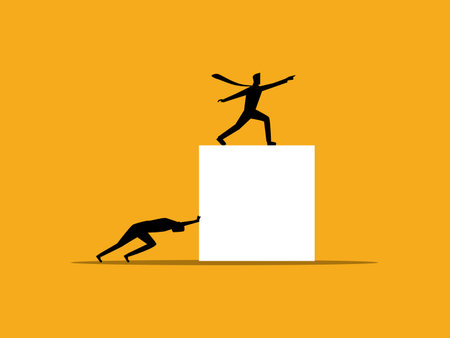 Businessman trying to push a square object with his bossのイラスト素材