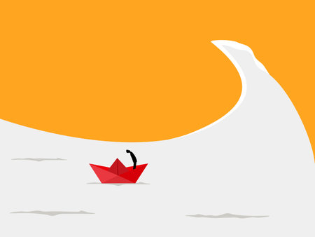 Brave, Challenging Problems, Businessman on a Paper Boat in the Big Wavesのイラスト素材