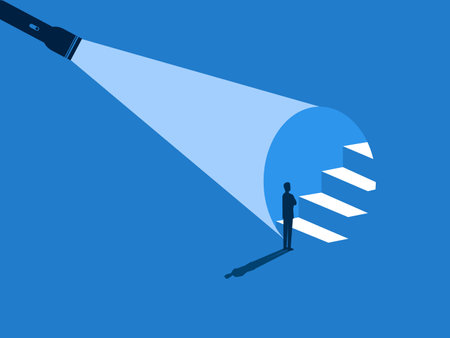Businessman standing looking at flashlight shining on stairsのイラスト素材
