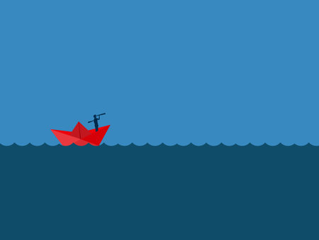 Businessman with vision on paper boat looking far into the seaのイラスト素材