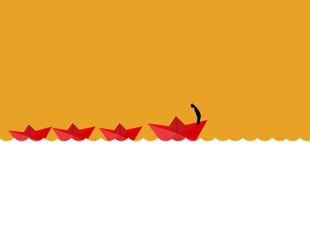 Businessman leader on big paper boat leading small boatのイラスト素材