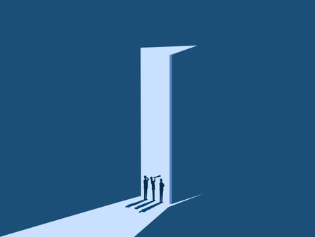 Team of businessmen looking at the future of business at the open doorのイラスト素材