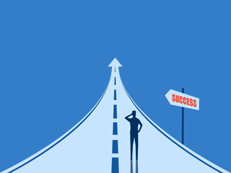 Businessman standing thinking on arrow path with signpost to successのイラスト素材