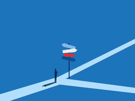 Choosing the Path to Success Concept, Businessman Looking at Several Street Signsのイラスト素材