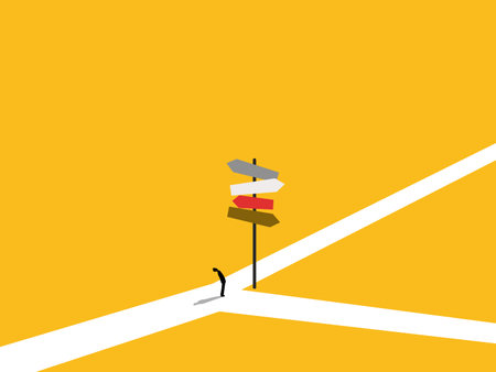 Businessman standing making decision at multiple street signsのイラスト素材