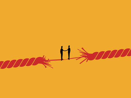 Final Negotiation, Two Businessmen Holding Hands on a Rope That's About to Breakのイラスト素材