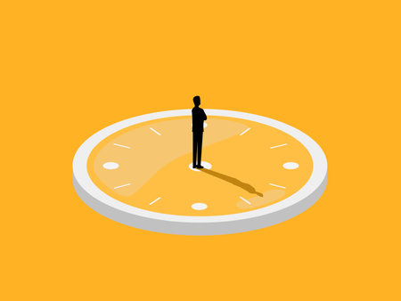 Decision time, businessman standing on clock face with shadowのイラスト素材