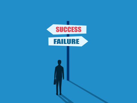 Businessman thinks of choosing signs to lead to success or failureのイラスト素材