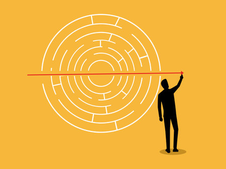 Businessman writes a simple shortcut to solve a mazeのイラスト素材