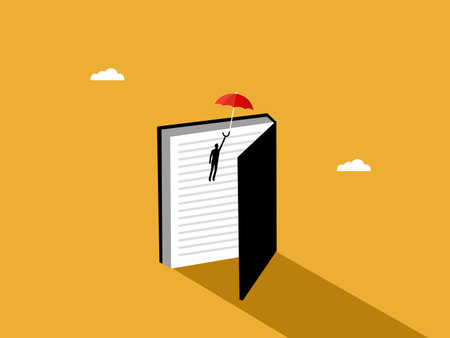 Businessman floating with umbrella out of bookのイラスト素材