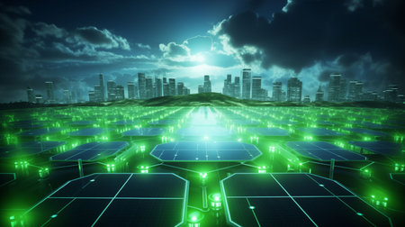 Digital circuit design with green tones, incorporating renewable energy icons and clean technology pathwaysの素材