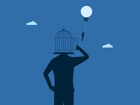 Businessman flies out of brain cage with light bulb balloonのイラスト素材