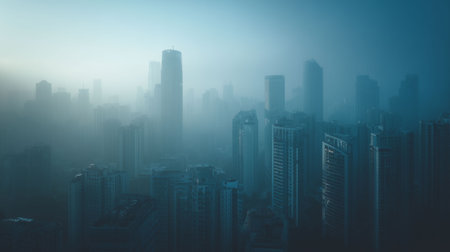 Background of tall skyscrapers fading into morning fog, moody and soft lighting, cool tones, tranquil cityscape, minimal depth, atmosphericの素材