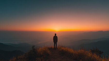 A traveler standing on a hilltop looking at sunrise, captured from behind, clear sky, sharp image, no filters, realisticの素材