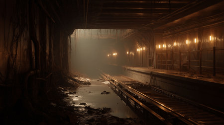 Abandoned subway tunnel in a post-apocalyptic world, flickering lights, overgrown with roots and rust, decayed metallic surfaces, moody cinematic lightingの素材
