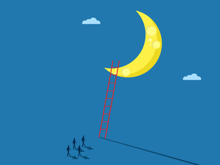 team of businessmen travel to the moon by climbing the stairsのイラスト素材