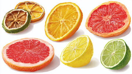 Set of sliced dried and fresh citrus fruits isolated on white backgroundの素材