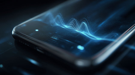 Smartphone screen with AI assistant hologram emerging, voice recognition waves, minimal futuristic interfaceの素材