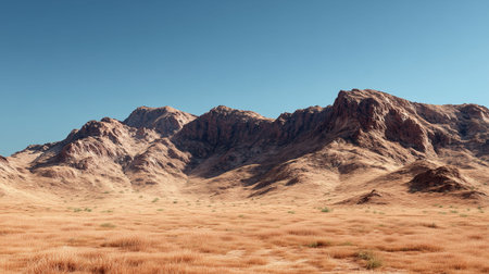 Rocky desert mountain range under clear sky, dry textures, earth tonesの素材