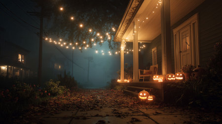 Halloween front yard at night, fallen leaves, Halloween lights, foggy atmosphere, cozy suburban settingの素材