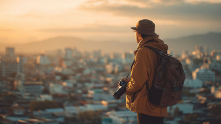 travel and adventure photography, scenic landscape or city background, traveler or tourist in frameの素材