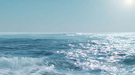 Photorealistic ocean horizon background, clear blue sky, soft waves, tropical vibe, natural sunlightの素材