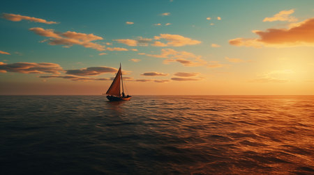 Simple sea sunset, the shadow of a lone fishing boat floating on the vast oceanの素材