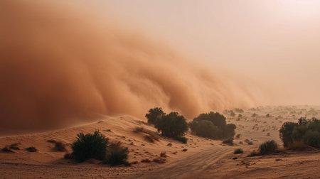 Sandstorm sweeping through desert landscape, low visibility, orange haze covering dunes, dramatic wind and dustの素材