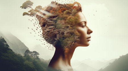 Natural Double exposure, Woman, empowerment, healing, self-improvement, compassion, understandingの素材
