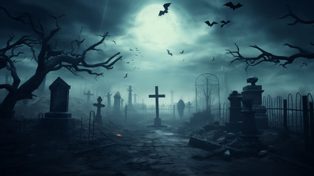 Gothic Halloween background with broken tombstones, iron gates, crows on dead trees, fog and dark blue mistの素材