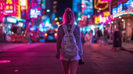 Solo traveler walking through neon-lit city street at night, urban adventure vibeの素材