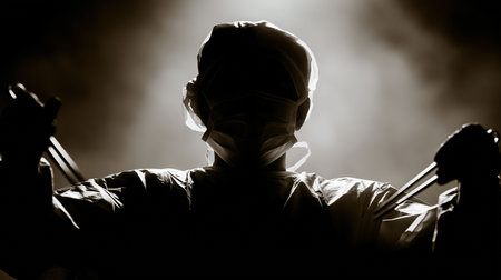 Surgeon preparing for an operation, highlighting the precision and stress of surgical work, focus on, dramatic theme, surreal, Silhouette, operating roomの素材