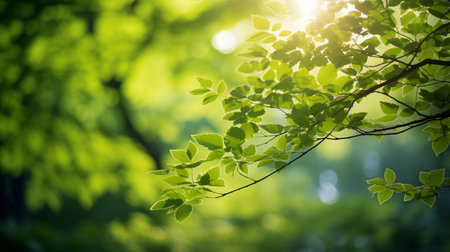 Sunlight filtering through trees with green bokeh background, natural light bokeh effect, soft and airy, peaceful forest photographyの素材
