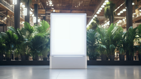 Empty rectangular billboard inside shopping mall, mounted on pillar, commercial lighting, clean white space for advertisementの素材