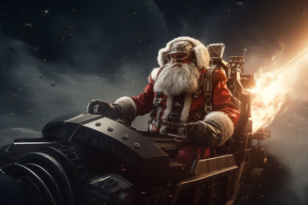 Santa and robotic reindeers flying through asteroid beltの素材
