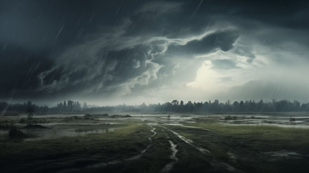 Soft moody rainstorm over open field, heavy rain falling, grey skyの素材