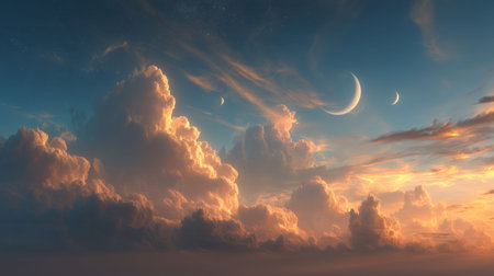 Surreal fantasy sky with colorful nebula clouds, glowing moons or floating islands in the distance, magical atmosphereの素材