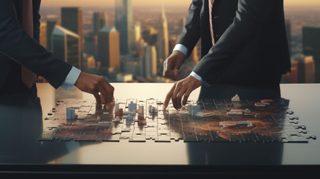 Two different human hands and a single AI robot hand work togetherの素材