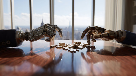 Two different human hands and a single AI robotの素材