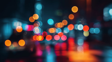Urban city lights bokeh at night, shallow depth of field, soft focus, multicolor glowing circlesの素材