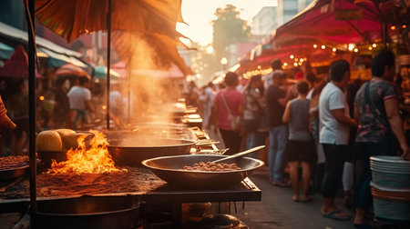 Vibrant street market in Southeast Asia, tourist browsing exotic food stalls, lively colors and cultural textureの素材