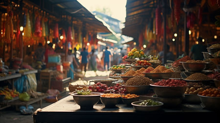 Vibrant street market in Southeast Asia, tourist browsing exotic food stalls, lively colors and cultural textureの素材