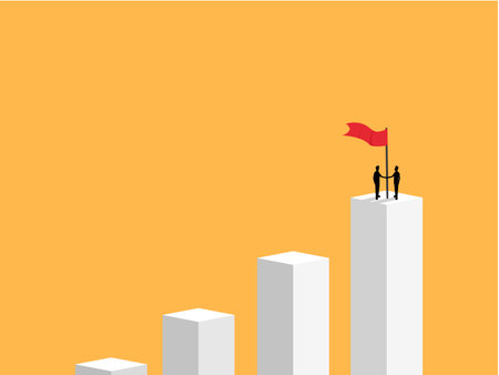 Two businessmen on a bar graph holding a flag of success togetherのイラスト素材